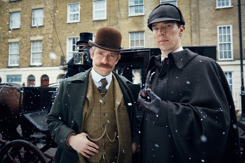 people, waist up, young men, day, Sherlock, clothing, city, building exterior, TV, detectives, two people, men, young adult, architecture, males, outdoors