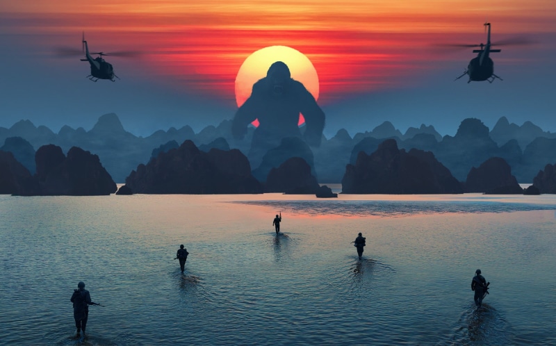 tranquil scene, Movie, sky, orange color, travel, reflection, nature, Kong: Skull Island, real people, water, sunset, King Kong: Skull Island, 1080P, waterfront
