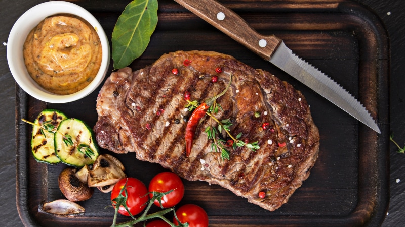 kitchen knife, tomato, no people, food and drink, kitchen utensil, tray, healthy eating, table knife, table, red meat, 4K, rib, freshness, dish, ready-to-eat