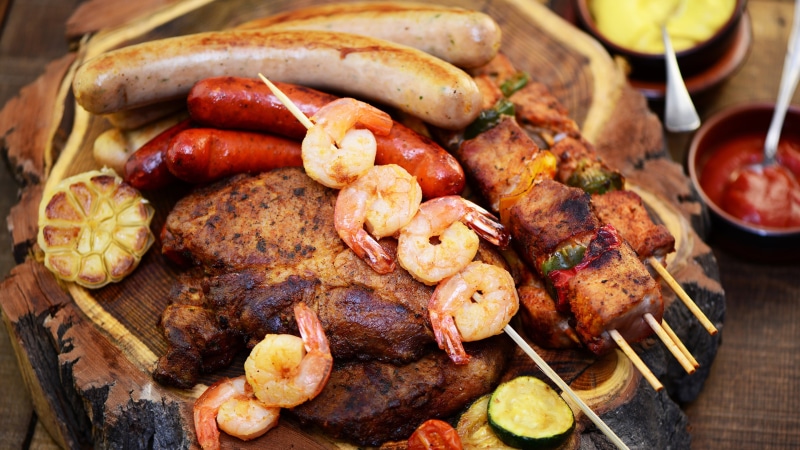 meal, kielbasa, 4K, souvlaki, shashlik, wellbeing, animal source foods, no people, food, prawn, healthy eating, kebab, shrimp, high angle view, mixed grill