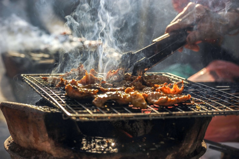 coal, pork, food and drink, focus on foreground, food, day, cooking, smoke, burning, smoke - physical structure, grilled, heat - temperature, fire, meat