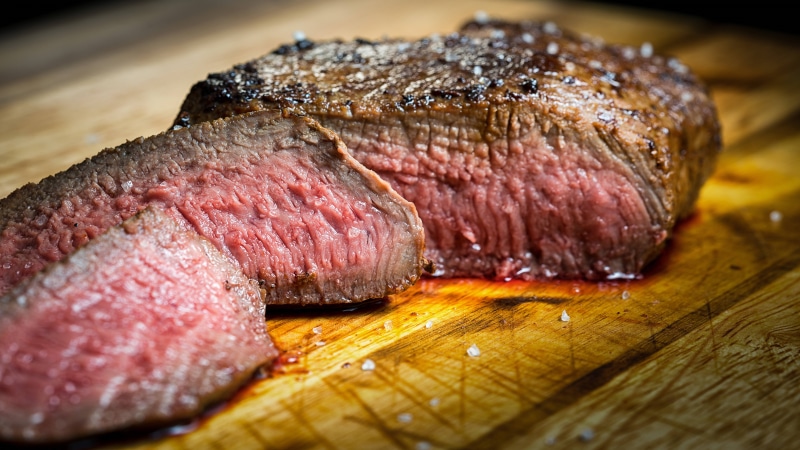 no people, wood - material, table, unhealthy eating, dinner, steak, selective focus, freshness, 8K, still life, food and drink, roasted, red meat, close-up
