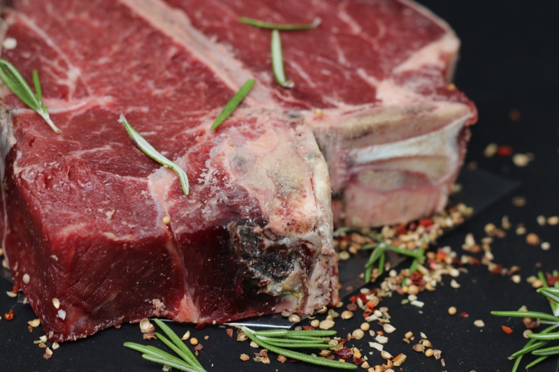 plant, still life, t-bone, steak, herb, unhealthy eating, food and drink, slice, beef, meat, 5K, leaf, plant part, indoors, close-up, red meat, depended