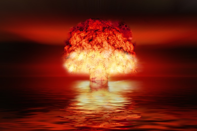 beauty in nature, bomb, illuminated, red, body, nuclear powers, threat, glowing, mushroom, rippled, sea, reflection, radioactivity, long exposure, outdoors