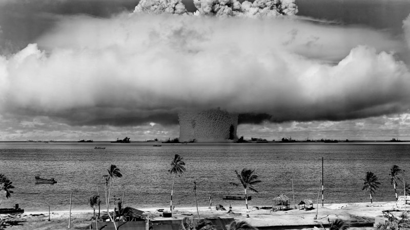 wilson cloud, operation crossroads, weapon, weapons of mass destruction, cloud, atom bomb, black and white, 4K, smoke plume, explosion, bikini atoll, military