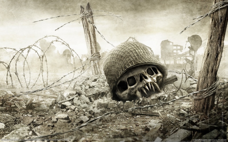land, day, outdoors, barbed wire, history, video games, monster, skull, dirt, obsolete, deterioration, architecture, no people, damaged, decline, metal