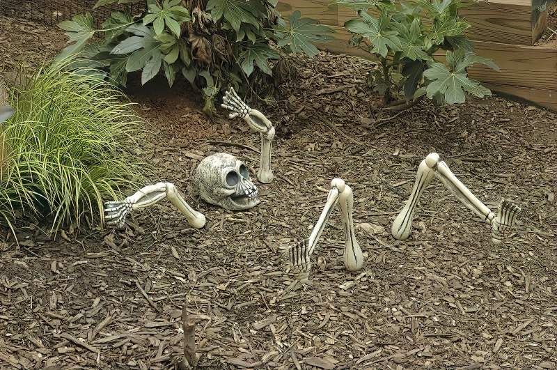 animal themes, bone, head, representation, outdoors, skeleton, leaf, grave, day, plant part, horror, scary, dirt, dark, fear, animal, plant, 2K, agriculture