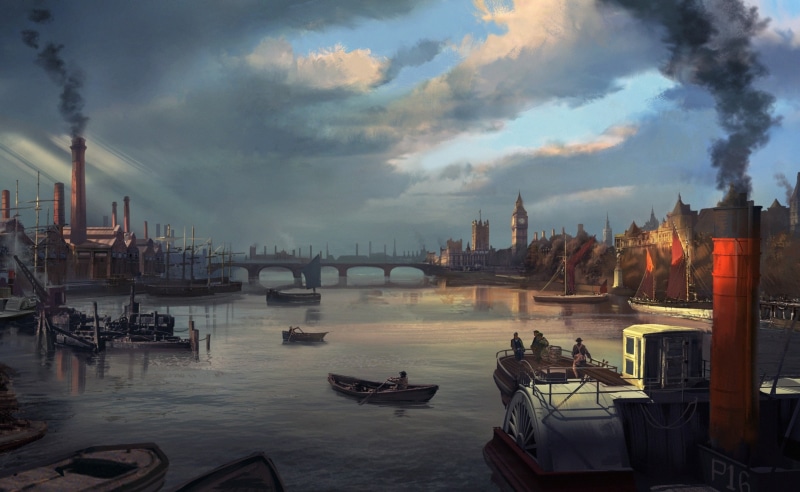 water, 2K, mode of transportation, Game, 1868, Games, 2015, city, no people, sky, building exterior, videogame, Thames, transportation, dusk, conceptart