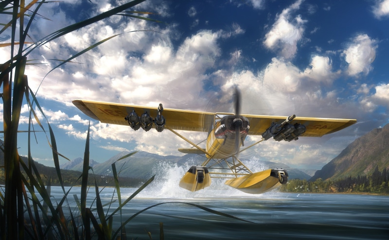 sea, Artwork, sport, yellow, Aircraft, day, Game, leisure activity, Water, Farcry, cloud - sky, outdoors, Nature, videogame, sky, Adventure
