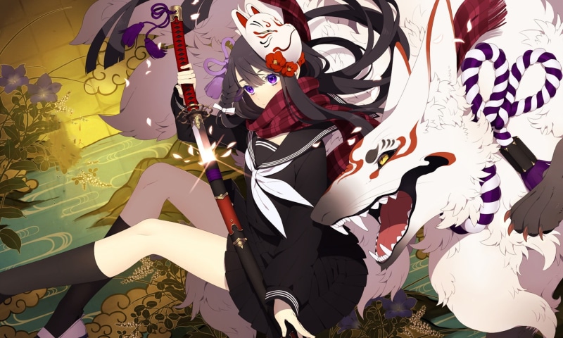 spirit, girl, ken, blade, mask, youkai, sword, bishojo, fox, hunter, kitsune, sugoi, japanese, 1080P, anime