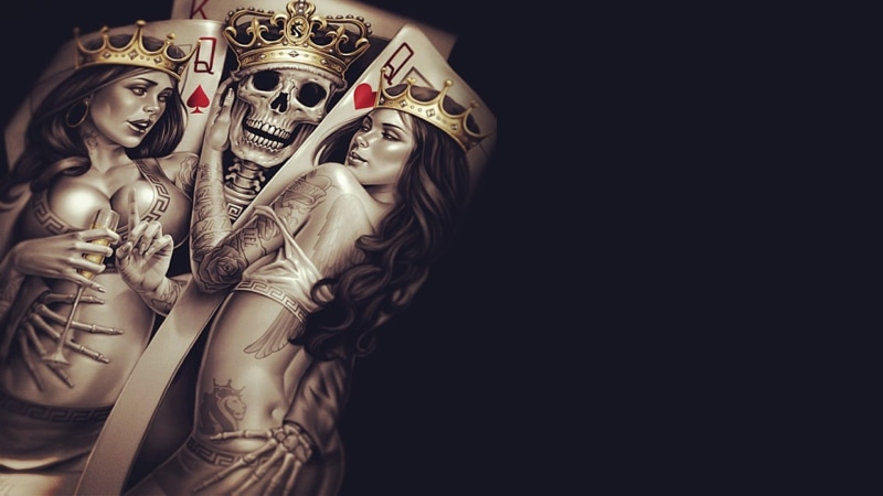 1080P, tattoos, Crown, poker, Queen, sake, skeleton, King, bones, seduction, Cup