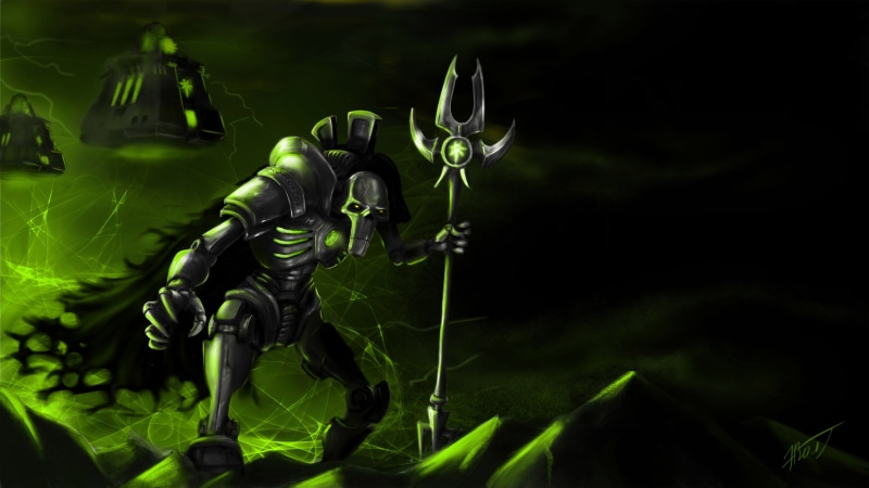 no people, equipment, plant, plant part, close-up, black, green color, warrior, night, invertebrate, anime, vulnerability, warhammer 40k Necrons, leaf