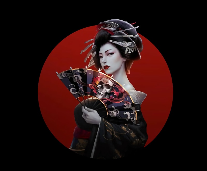 dark hair, fantasy, Asian, kimono, folding fan, artwork, simple background, girl, fantasy art, sake, 1080P, black background, fantasy girl