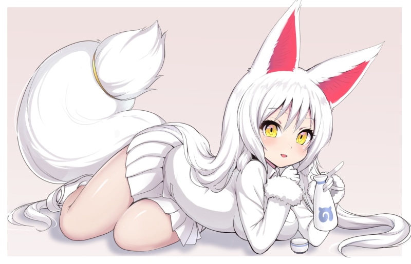 ears, 254771, tail, konachan, friends), anthropomorphism, eyes, drink, sake, kemono, animal, (kemono, friends, 720P, foxgirl, skirt, oinari-sama, com