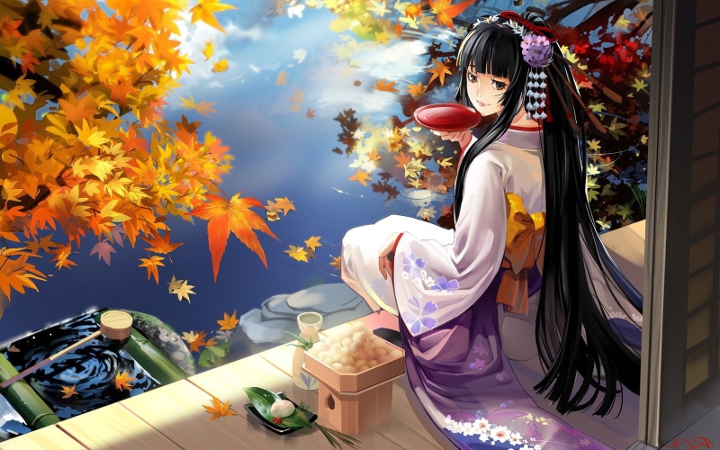 Japanese clothes, anime girls, sake, original characters, leaves, kimono, 1080P, anime