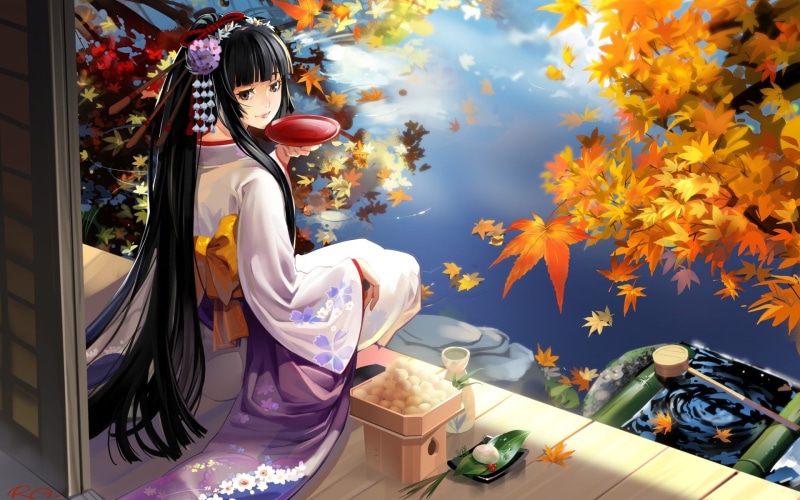 anime, floral, black, woman, sake, geisha, yukata, haired, illustration, 1080P, drinking
