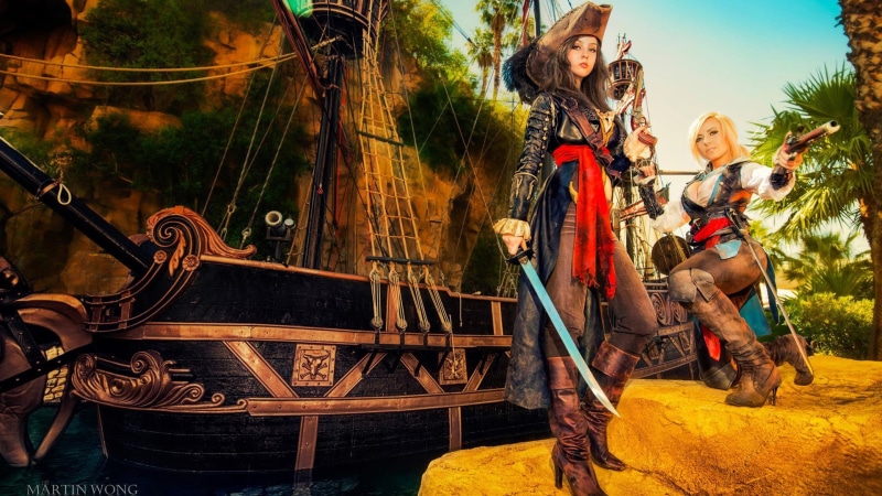 females, girls, males, pirate, casual clothing, water, 1080P, Jessica Nigri, pirates, tree, men, group of people, child, outdoors, Monika Lee, leisure activity