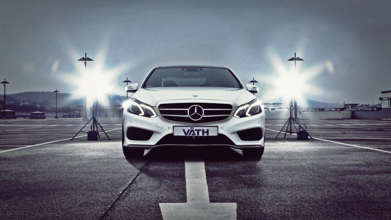 Mercedes Benz, 1080P, benz, lens flare, road, headlight, lighting equipment, illuminated, motor vehicle, front view, Mercedes-Benz E-Class, men, city