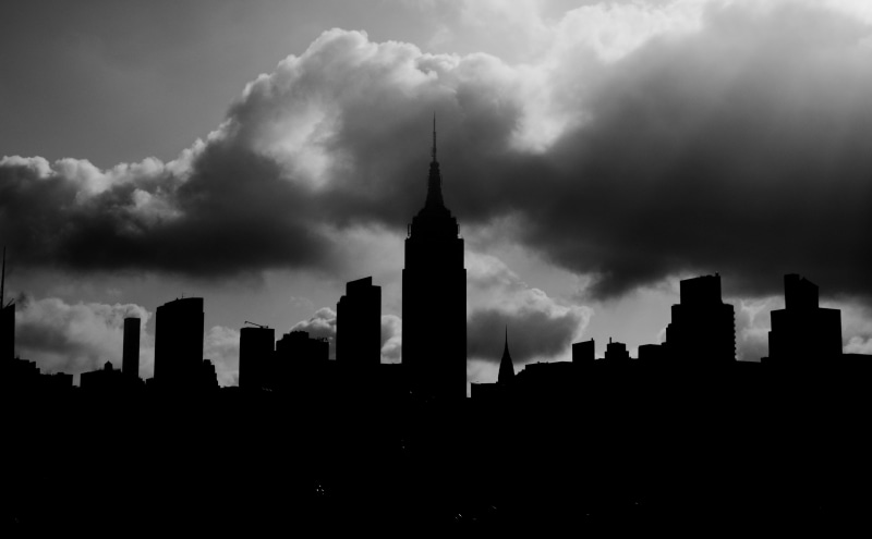 no people, newyork, Silhouette, travel destinations, Clouds, outdoors, skyscraper, Black and White, 5K, newyorkcity, modern, office building exterior