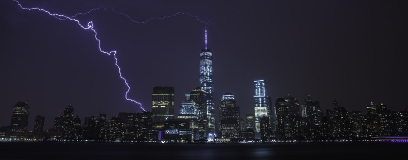 Skyscrapers, thunderstorm, Lights, nature, purple, no people, 5K, tall - high, financial district, landscape, Lightning, modern, illuminated, Weather