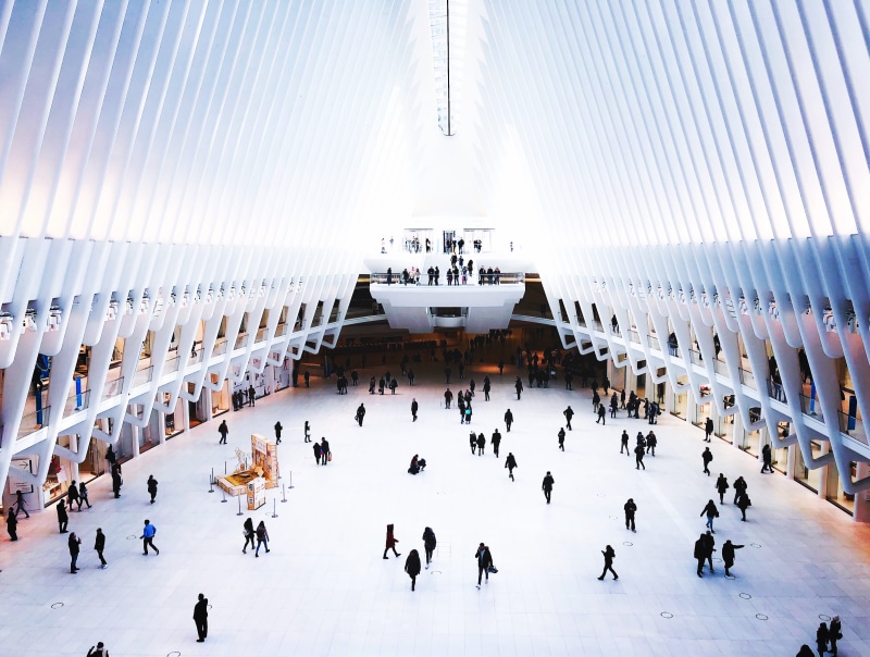 station, winter, built structure, nyc, city, group of people, white, oculu, building exterior, real people, modern design, commute, ice, black, architecture