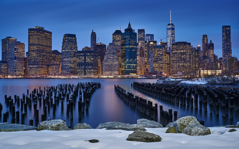 long‑exposure, ice, view, water, citylights, nature, building exterior, cityscape, urban skyline, skyscraper, landscape, snow, cold temperature, blue, city