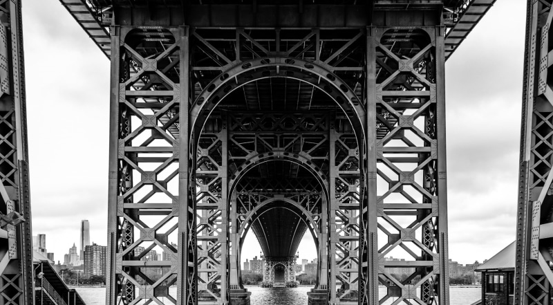 blackandwhite, cloud - sky, low angle view, Brooklyn, built structure, travel, tower, Williamsburg, arch, black, southside, white, sky, history, metal