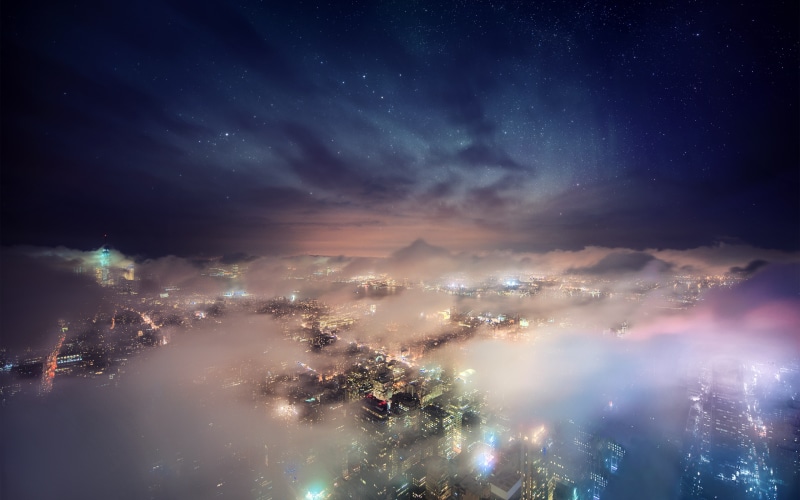 blue, stars, digitalcomposition, city, cityscape, photography, long‑exposure, citylights, newyorkcity, fog, nebula, night, empirestatebuilding, newyork
