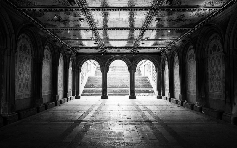 perspective, 4K, architecture, centralpark, arcade, park, central, bethesdaarcade, blackandwhite, bethesda, newyorkcity, grey, newyork, landmarks, photography
