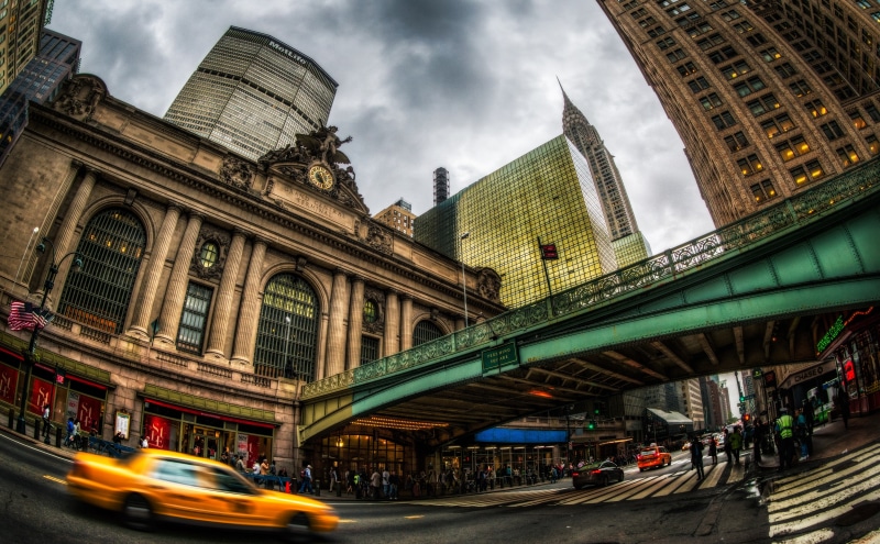 Street, nyctaxi, York, building exterior, incidental people, Central, outdoors, city street, grandcentral, chryslerbuilding, United States, travel, sedan