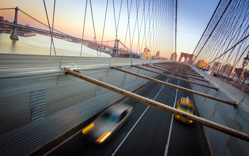 sunset, bay, travel, water, 4K, transportation, urban, newyorkcity, manhattan, motion, steel cable, engineering, landmarks, bridge, bridge - man made structure