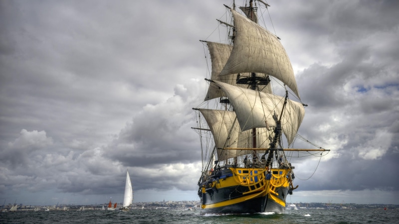 flagship, 4K, caravel, watercraft, barque, etoile du roy, sailing ship, frigate, brigantine, brig, sea, ship, tall ship