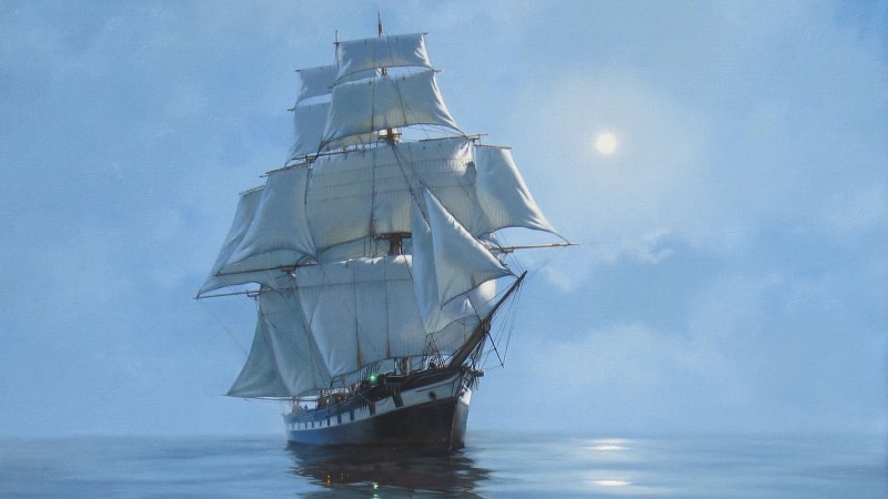 day, sailing ship, mast, travel, ship, pole, sea, ship of the line, tall ship, nature, outdoors, no people, barque, sailing, water, brig, sky, 1080P, painting art
