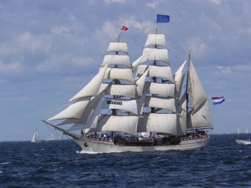 2K, tall ships races, yacht, motion, transportation, pole, sailing, ocean, waterline, waves, holiday, flag, tall Ship, cloud - sky, seascape, sailboat