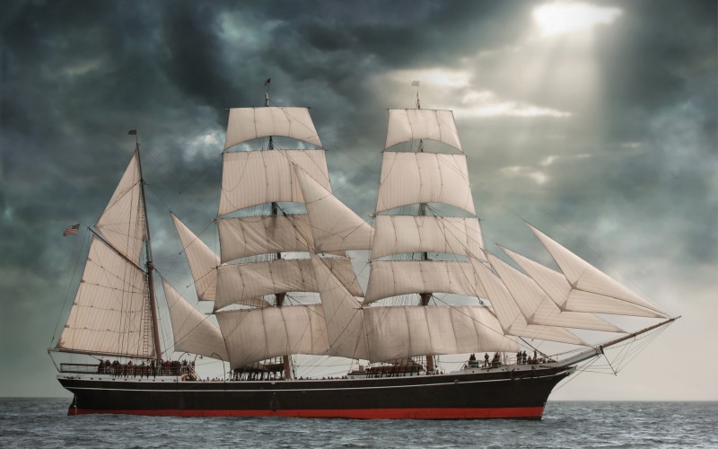 sailing, nature, vehicle, yacht, ship, travel, black, sky, rigging, pole, red, white, mast, water, sailboat, mode of transportation, transportation, sailing ship