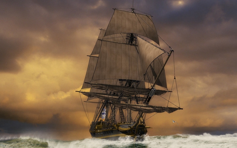 sailboat, nautical vessel, boat, black, sea, mode of transportation, ship, travel, 1080P, sunset, cloud - sky, artwork, no people, tall ship, sky, outdoors