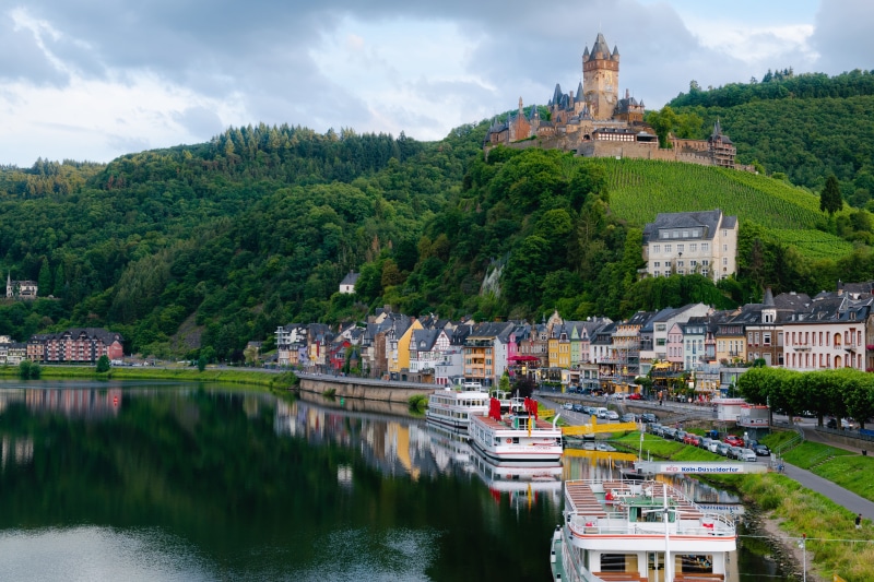 painted, valley, building, architecture, travel, germany, near, reichsburg, multicolored, tree, history, sky, beautiful, buildings, water, town, brown