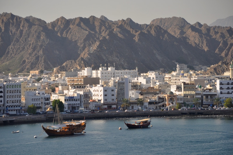 mountains, building exterior, oman, mode of transportation, nautical vessel, building, coast, mountain, muscat, architecture, gulf, Muscat, outdoors, sea