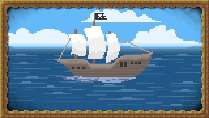 pixel art, clouds, picture frames, 1080P, ship, pirates, flag, pixels, sailing ship, sea