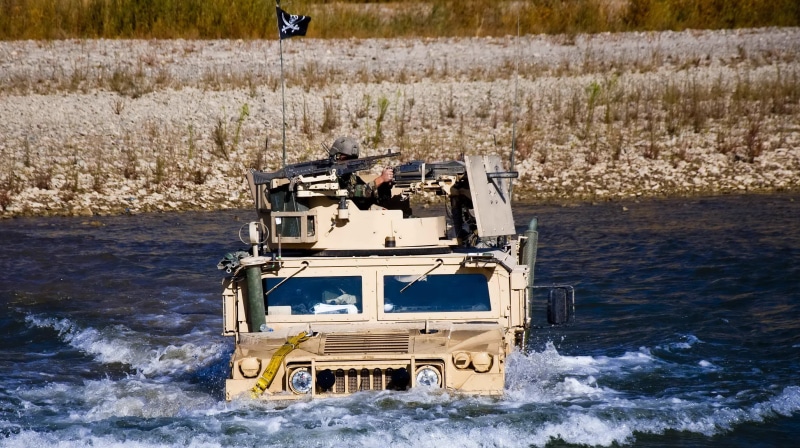 Humvee, Jolly Roger, flag, 2K, nautical vessel, car, pirates, sunlight, motion, Hummer, day, water, army gear, HMMWV, gun, transportation, travel, mode of transportation