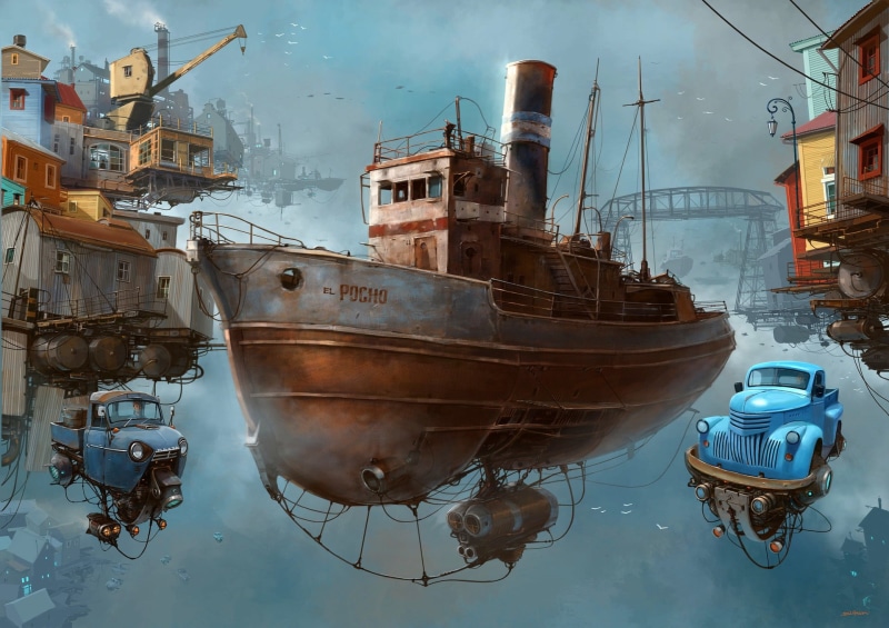 building exterior, outdoors, day, artwork, nature, water, no people, sea, waterfront, reflection, painting, science fiction, built structure, anchored