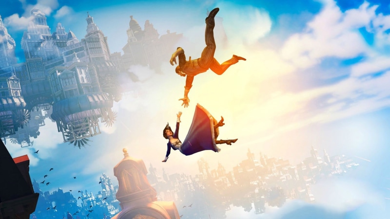 positive emotion, arms raised, leisure activity, human arm, Booker DeWitt, emotion, adult, mid-air, sky, jumping, 1080P, women, sunlight, Columbia (Bioshock)