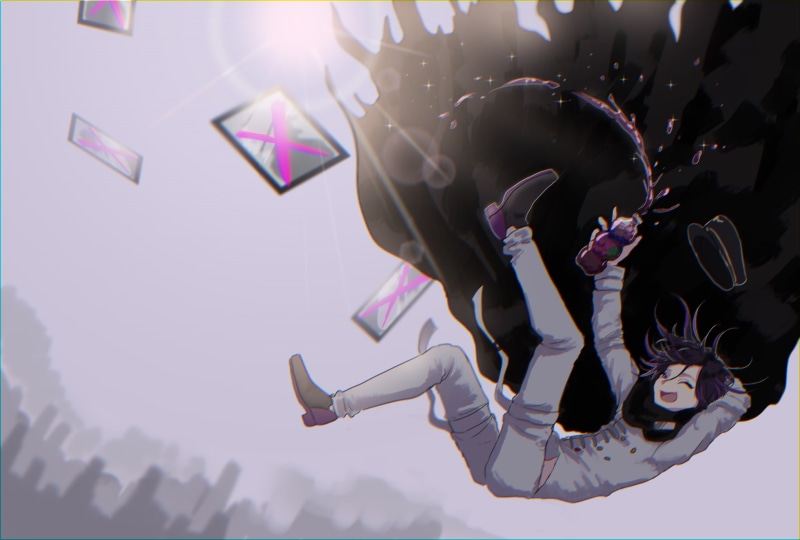 1080P, lens flare, sunlight, architecture, jumping, ouma kokichi, laughing, sky, real people, day, purple, low angle view, danganronpa v3, one person