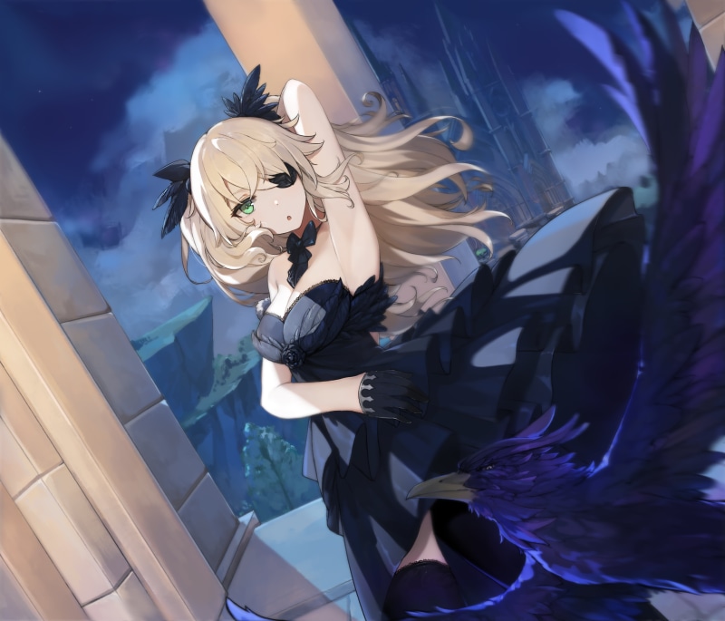 anime girls, crow, eye patch, Yuki neko-san, anime, Genshin Impact, 4K, blonde