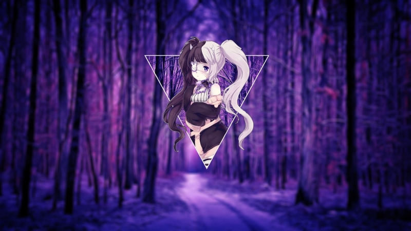 eye patch, black hair, purple background, picture-in-picture, anime girls, loli, white hair, 1080P, anime
