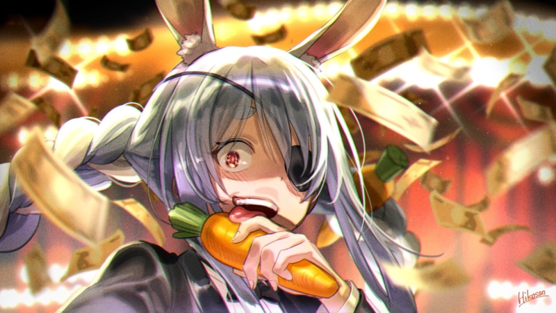 long hair, red eyes, anime, open mouth, bunny ears, tongue out, hikosan, money, blonde, carrots, eye patch, anime girls, tuxedo, 720P, Hololive