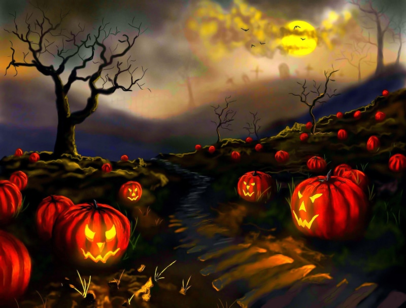 cemetery, fantasy, spooky, pumpkin, shadows, full-moon, moon, pumkins, night, halloween, 1080P, trees, patch, path