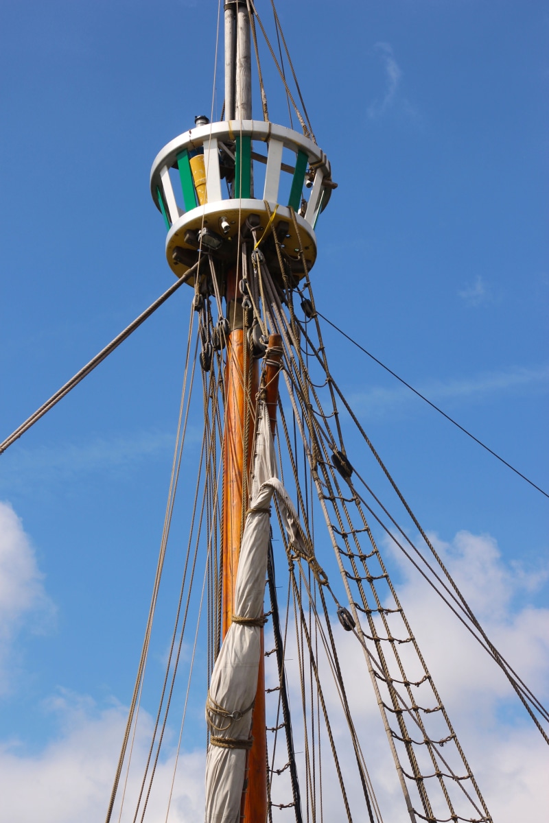 boat, rigging, day, 5K, tackle, mode of transportation, Mast, nest, CrowS Nest, pole, sailing, ship, cloud - sky, connection, nautical vessel, nautical