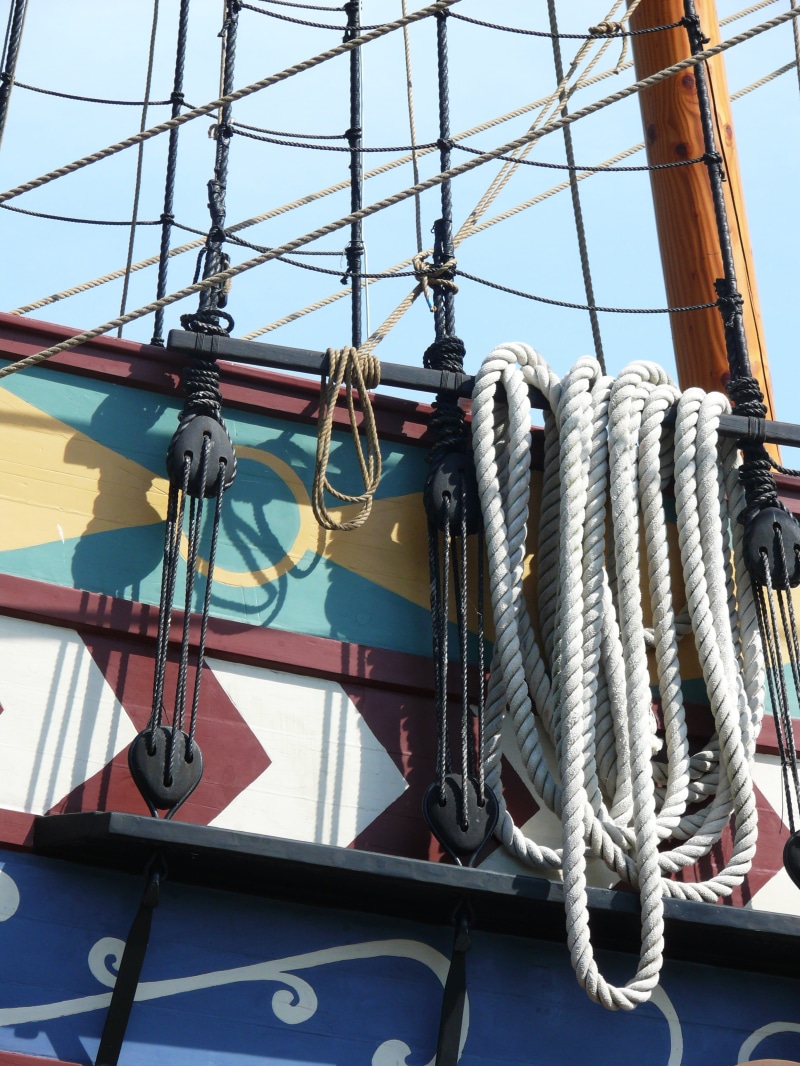 nautical, rigging, pulley, deck, harbor, cannon, low angle view, port, old, nautical vessel, black, pirate ship, italy, tourist, day, sunlight, travel
