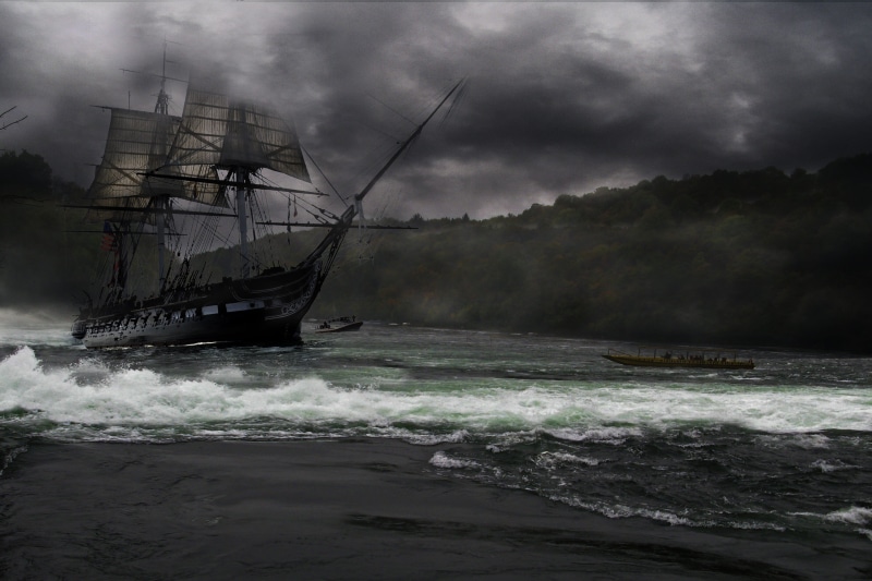 no people, nautical vessel, rushing water, photo, landscape, vessel, shore, nautical, cloud - sky, scenery, sail, sea, storm, extreme weather, 2K, sailing ship